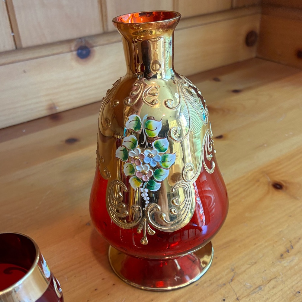 Vintage Ruby Red Murano Handblown Glass Decanter Set 24 Karat Gold - Picture 8 of 10